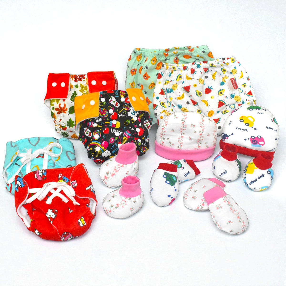 VParents New born Combo gift set for baby boy and girl cap mitten booties and diapers  with insert and underwears and nappies (0 -6 month) Assorted Design pack of 12