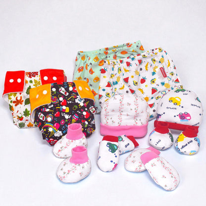 VParents New born Combo gift set for baby boy and girl cap mitten booties and diapers  with insert and underwears(0 -6 month) Assorted Design pack of 10
