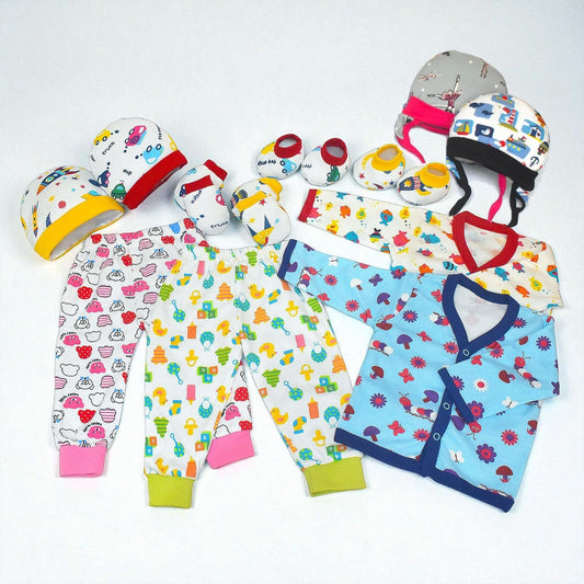 VParents New born Combo gift set for baby boy and girl 2 cap mitten booties and 2 Fullsleeve jabla 2 pajama 2 tying caps(0 -6 month) Assorted Design pack of 12