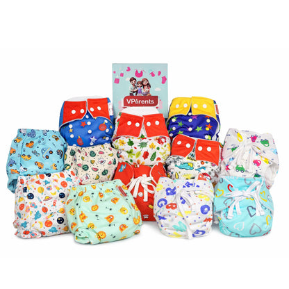 Vparents 12 in 1 Combo of  Padded Underwear Nappies and Cloth Diaper with insert for Diaper-Free Time (6 -12 month) Assorted Design