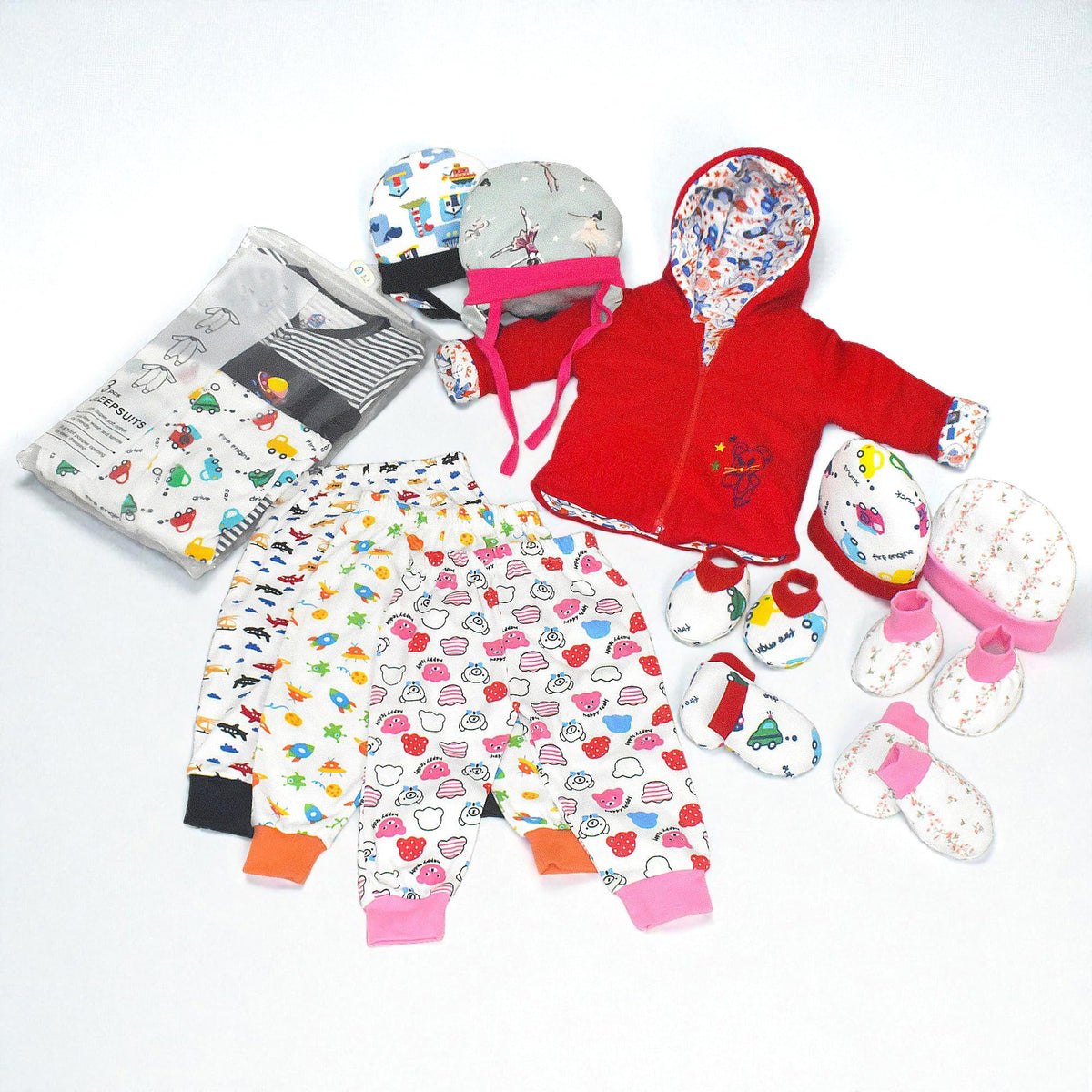 VParents New born Combo gift set for baby boy and girl cap mitten booties and rompers jacket pajama and tying cap (0 -6 month) Assorted Design pack of 15