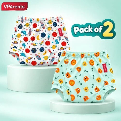 VParents Padded Underwear for Babies and Toddlers with 3 Layers of Cotton Padding Potty Training Pull Up & Diaper-Free Time Pack of 2 (3-4 Years) Lion and galaxy