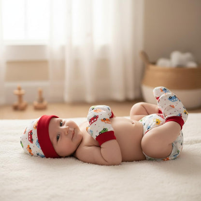 VParents Baby Mittens Caps Gloves and Booty Combo  - (0-3 Months) | Unisex Booty Set | Durable Cotton Gift Set | Multicoloured Hand Gloves and Socks | -Assorted Deisgn -Winter Clothing (Red)