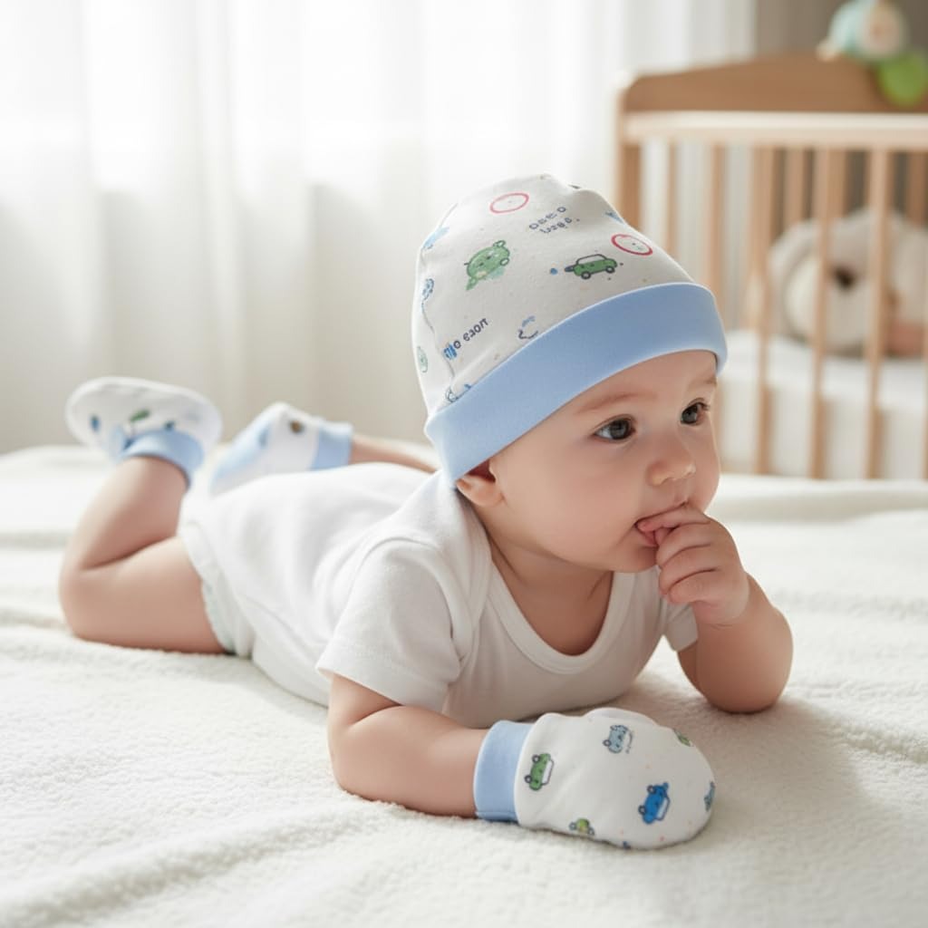 VParents Baby Mittens Caps Gloves and Booty Combo Set - (0-3 Months) | Unisex Booty  | Durable Cotton Gift Set | Multicoloured Hand Gloves and Socks | -Assorted Deisgn -Winter Clothing (Blue)