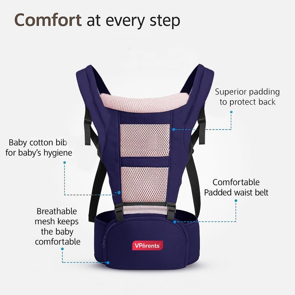 VParents Hip Seat Baby Carrier with 4 Carry Positions, Baby Carrier with Hip seat for 3 to 36 Months Baby, Adjustable New-Born to Toddler Carrier, Max Weight Up to 15 Kgs Royal (Blue)