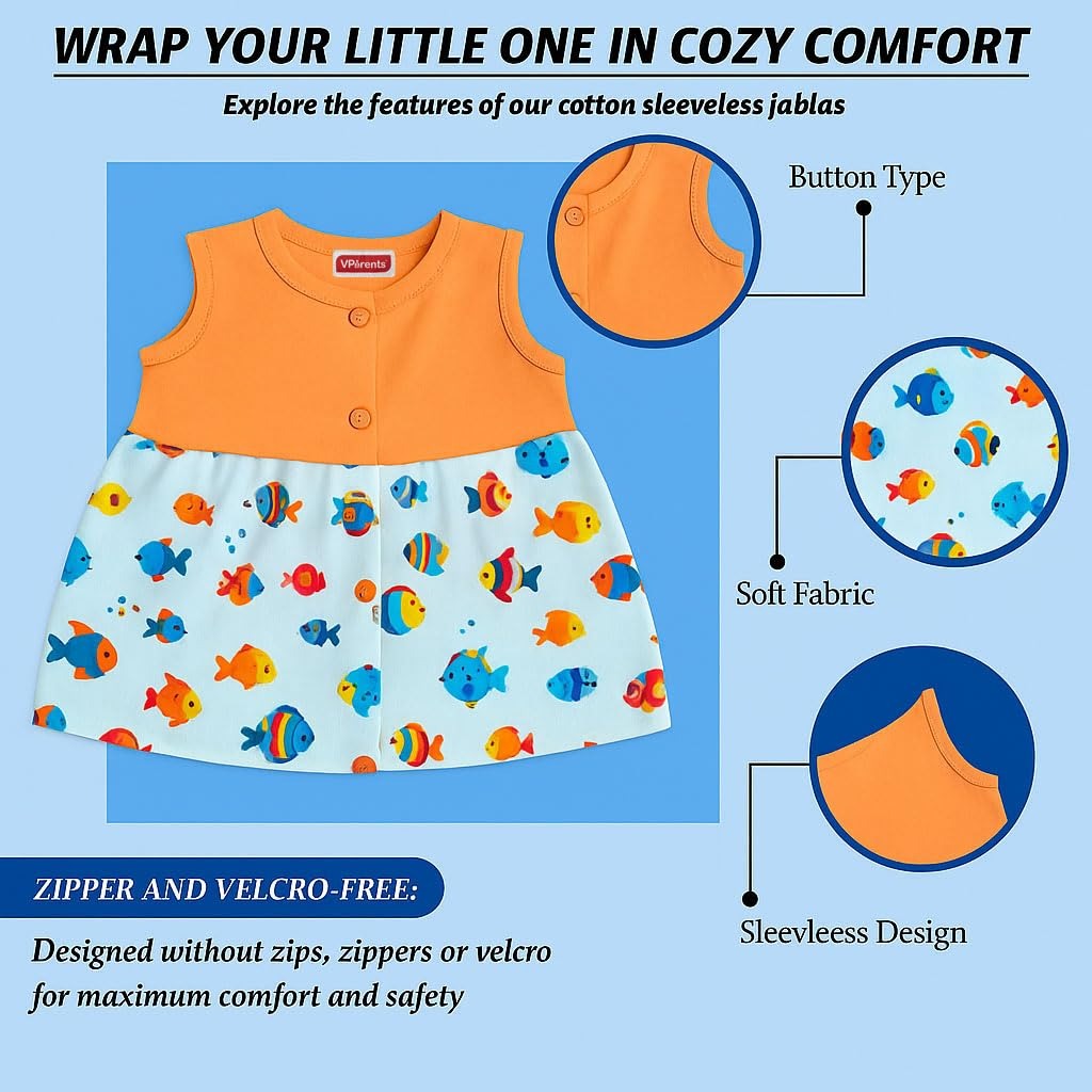 VParents Cotton Knee-Length Sleeveless Girls Frock 6-12 months pack of 3