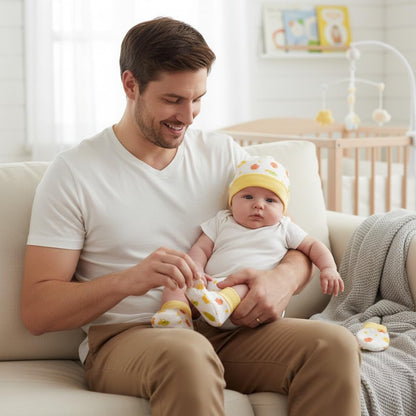 VParents Baby Mittens Caps Gloves and Booty Combo  - (0-3 Months) | Unisex Booty Set | Durable Cotton Gift Set | Multicoloured Hand Gloves and Socks | -Assorted Deisgn -Winter Clothing (Yellow)