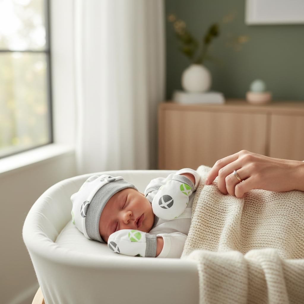 VParents Baby Mittens Caps Gloves and Booty Combo  - (0-3 Months) | Unisex Booty Set | Durable Cotton Gift Set | Multicoloured Hand Gloves and Socks | -Assorted Deisgn -Winter Clothing (Gray)