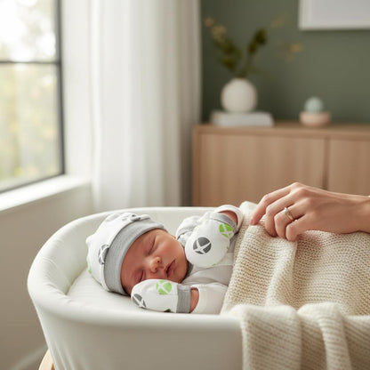 VParents Baby Mittens Caps Gloves and Booty Combo  - (0-3 Months) | Unisex Booty Set | Durable Cotton Gift Set | Multicoloured Hand Gloves and Socks | -Assorted Deisgn -Winter Clothing (Gray)