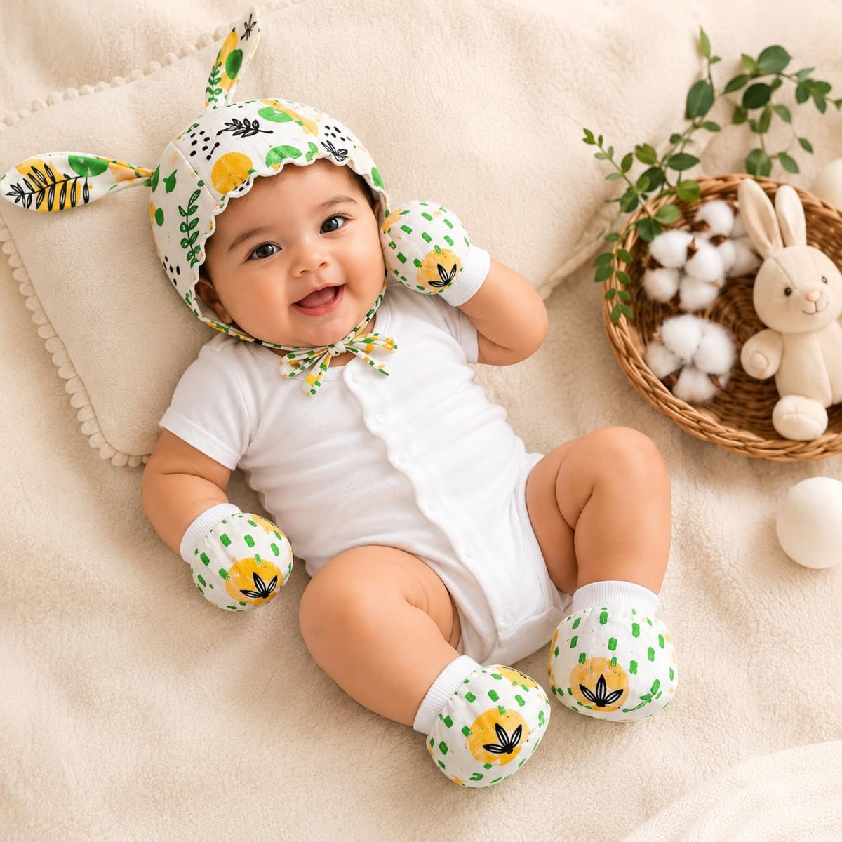 VParents Muslin Baby Mittens Caps Gloves and Booty Combo Set - (set of 2 0-6 Months) | Unisex Booty Set | Durable Cotton Gift Set | Multicoloured Hand Gloves and Socks | -Assorted Deisgn -Winter Clothing -Multicolour