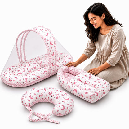 VParents Rosy Baby Feeding Pillow Bedding Set with Mosquito net and Sleeping Bag Combo