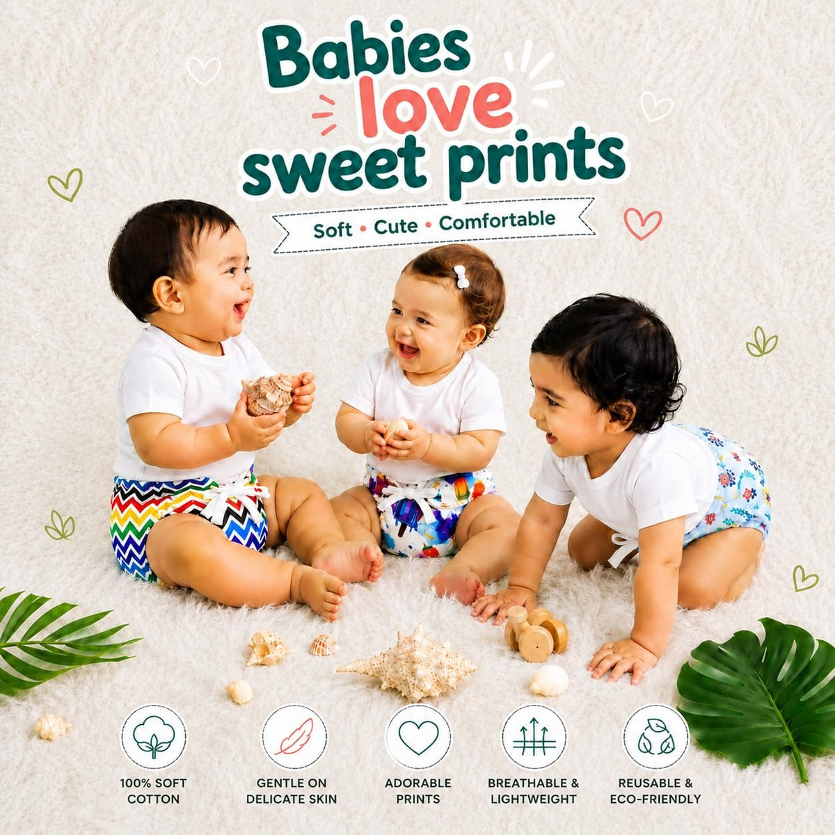 VParents DryFeel Baby Langot 0-6 months l Cotton Modern Baby Nappy l Mess-free Langot with soft Elastics l DryFeel Top Layer l Diaper-free Time Essential(Pack os 3) Zigzag icecream and leaf
