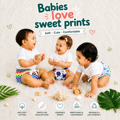 VParents DryFeel Baby Langot 0-6 months l Cotton Modern Baby Nappy l Mess-free Langot with soft Elastics l DryFeel Top Layer l Diaper-free Time Essential(Pack os 3) Zigzag icecream and leaf