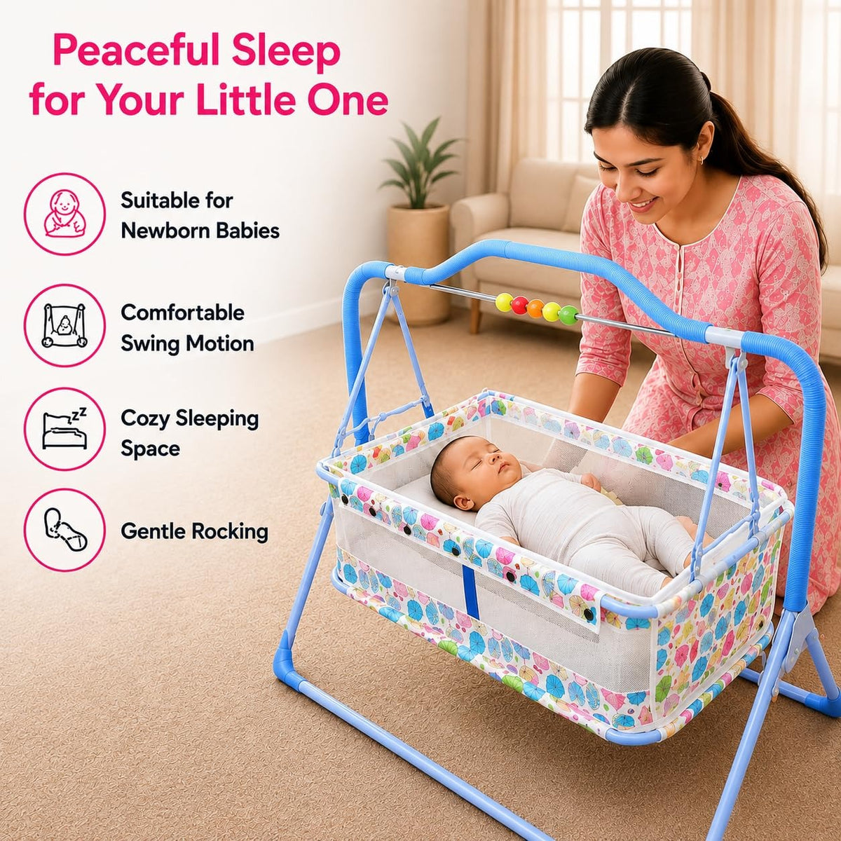 VParents Umbi New Born Baby Crib Bassinet cot Swing Cradle Jhula Palna (blue)