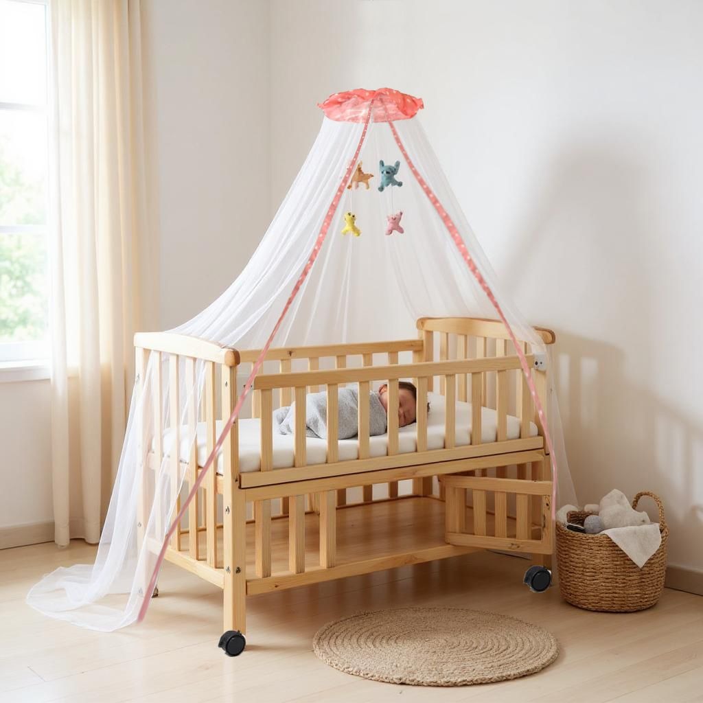 VParents wooden Multi usage Baby Crib Cot Cradle Bed with Mattress and Mosquito Net with storage space