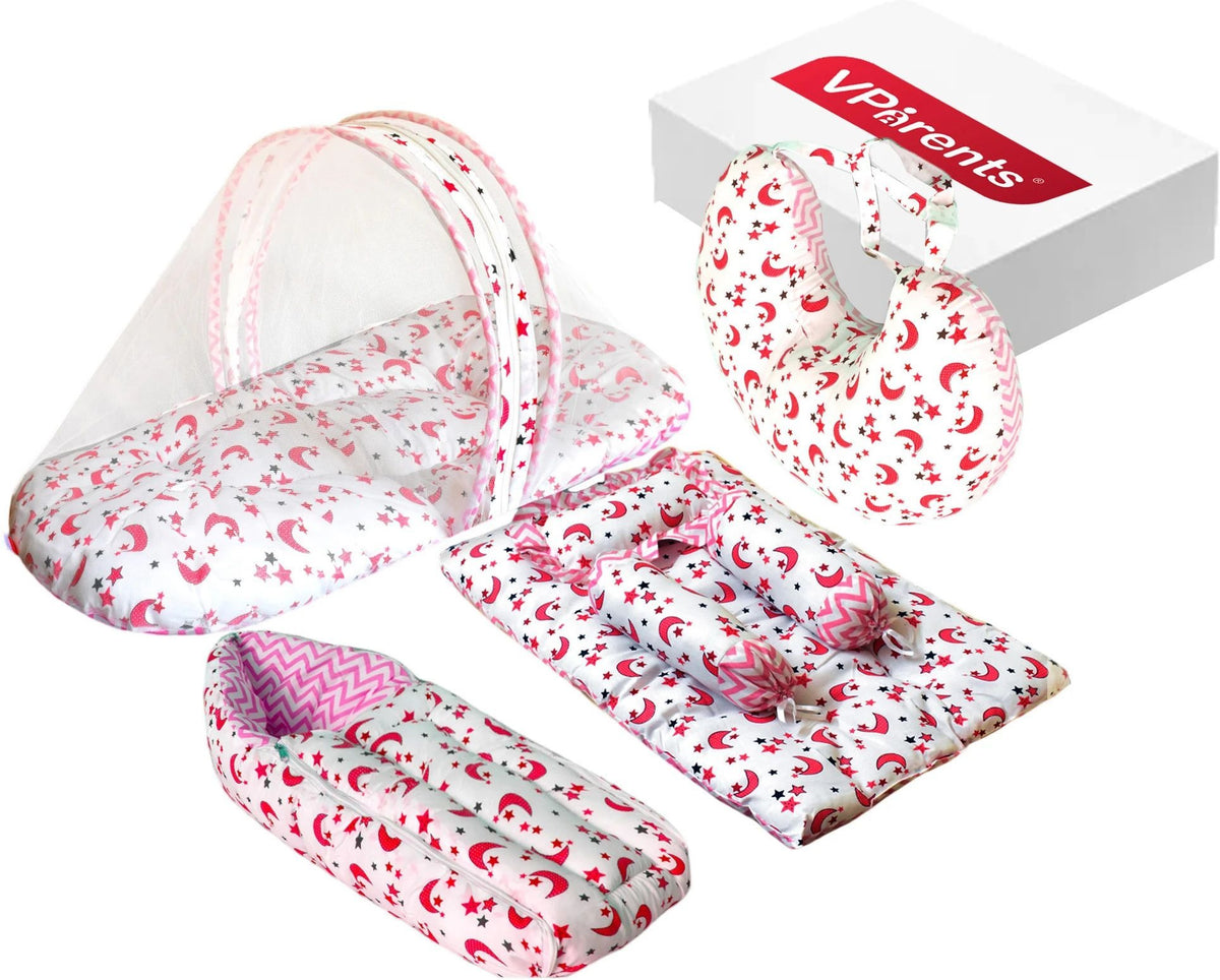VParents Daisy Baby 4 Piece Bedding Set with Pillow and Bolsters Sleeping Bag and Bedding Set and Feeding Pillow Combo