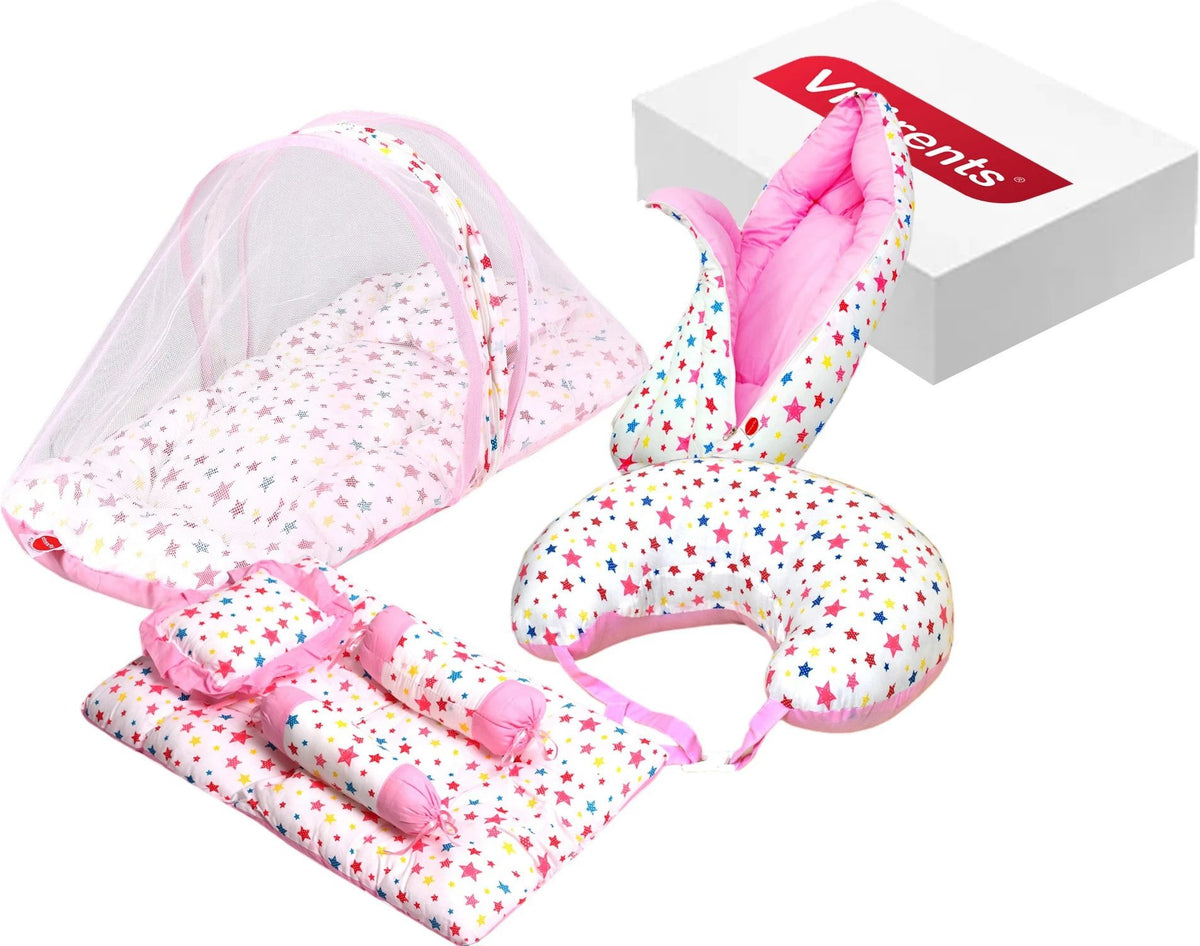 VParents Daisy Baby 4 Piece Bedding Set with Pillow and Bolsters Sleeping Bag and Bedding Set and Feeding Pillow Combo