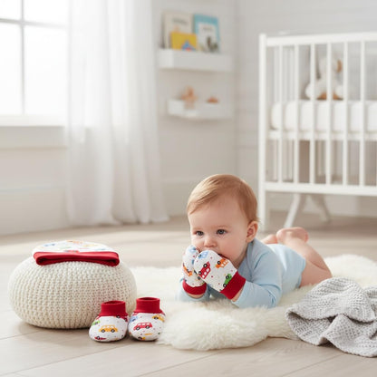 VParents Baby Mittens Caps Gloves and Booty Combo  - (0-3 Months) | Unisex Booty Set | Durable Cotton Gift Set | Multicoloured Hand Gloves and Socks | -Assorted Deisgn -Winter Clothing (Red)