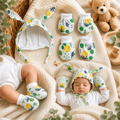 VParents Muslin Baby Mittens Caps Gloves and Booty Combo Set - (set of 2 0-6 Months) | Unisex Booty Set | Durable Cotton Gift Set | Multicoloured Hand Gloves and Socks | -Assorted Deisgn -Winter Clothing -Multicolour