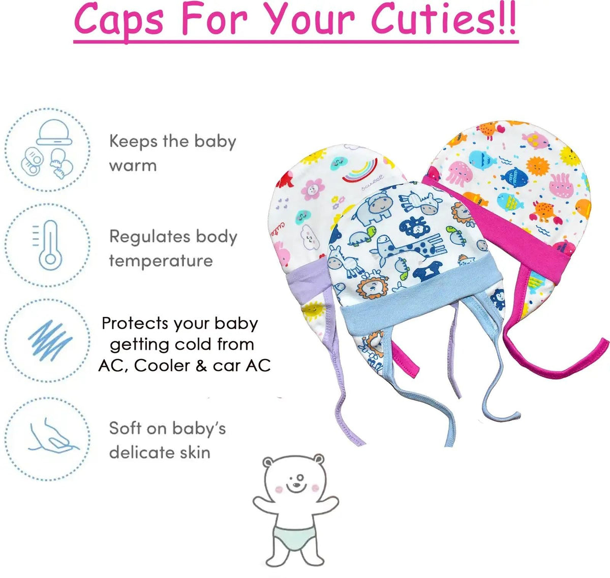 VParents New born Combo gift set for baby boy and girl 3 cap mitten booties and 3 tying cap and 3 monkey cap(0 -6 month)  Assorted Design pack of 15