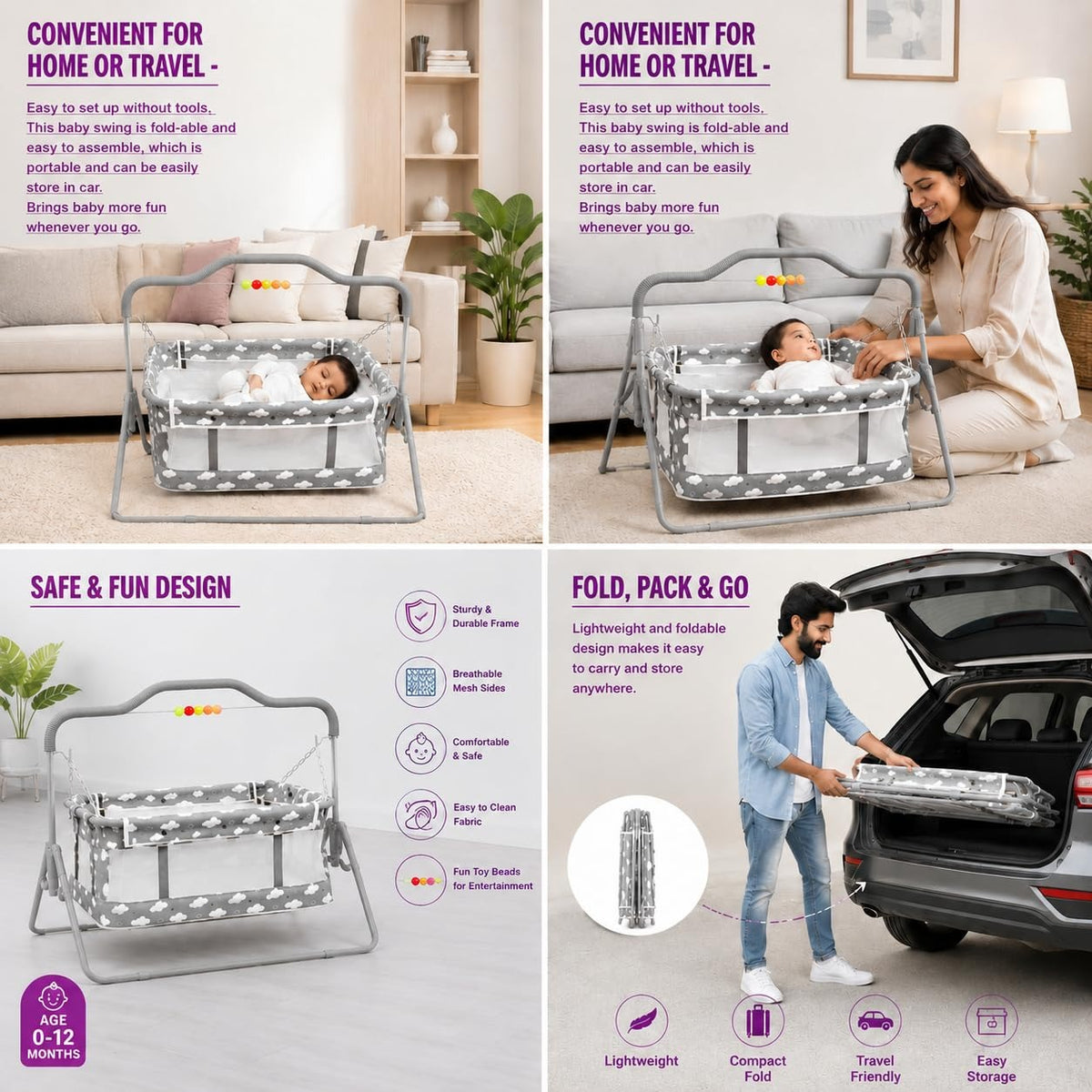 VParents Bunny New Born Baby Crib Bassinet cot Swing Cradle Jhula Palna(Grey)