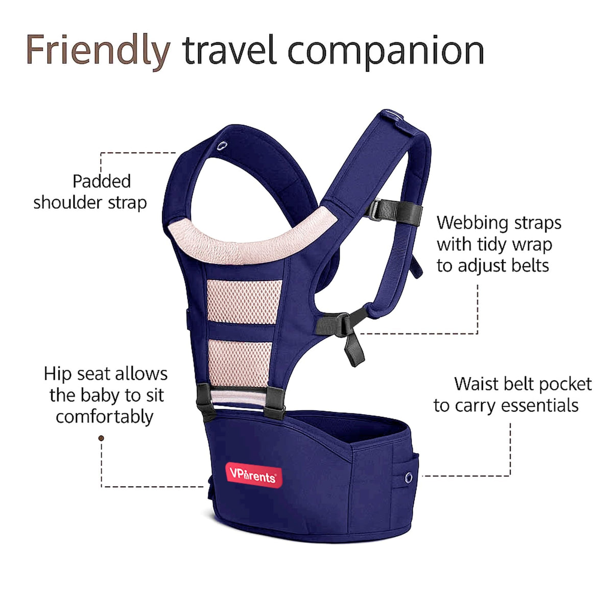 VParents Hip Seat Baby Carrier with 4 Carry Positions, Baby Carrier with Hip seat for 3 to 36 Months Baby, Adjustable New-Born to Toddler Carrier, Max Weight Up to 15 Kgs Royal