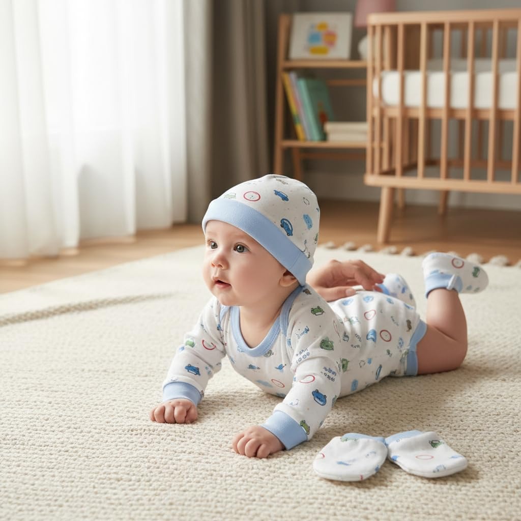 VParents Baby Mittens Caps Gloves and Booty Combo Set - (0-3 Months) | Unisex Booty  | Durable Cotton Gift Set | Multicoloured Hand Gloves and Socks | -Assorted Deisgn -Winter Clothing (Blue)