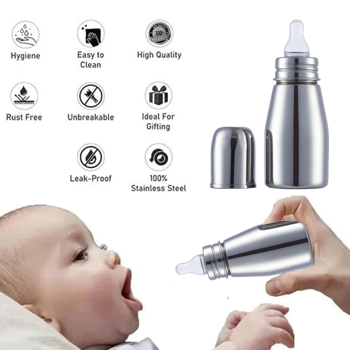 VParents Grade 304 Tapper Stainless Steel Baby Feeding Bottle -250 ml