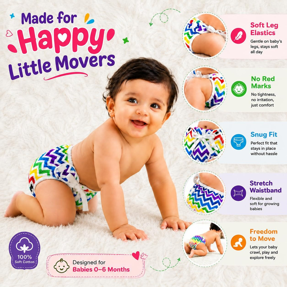 VParents DryFeel Baby Langot 6 -12 months l Cotton Modern Baby Nappy l Mess-free Langot with soft Elastics l DryFeel Top Layer l Diaper-free Time Essential(Pack os 2) - Zigzag and icecream
