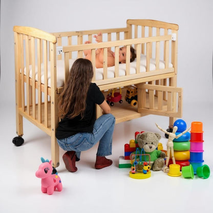 VParents wooden Multi usage Baby Crib Cot Cradle Bed with Mattress and Mosquito Net with storage space