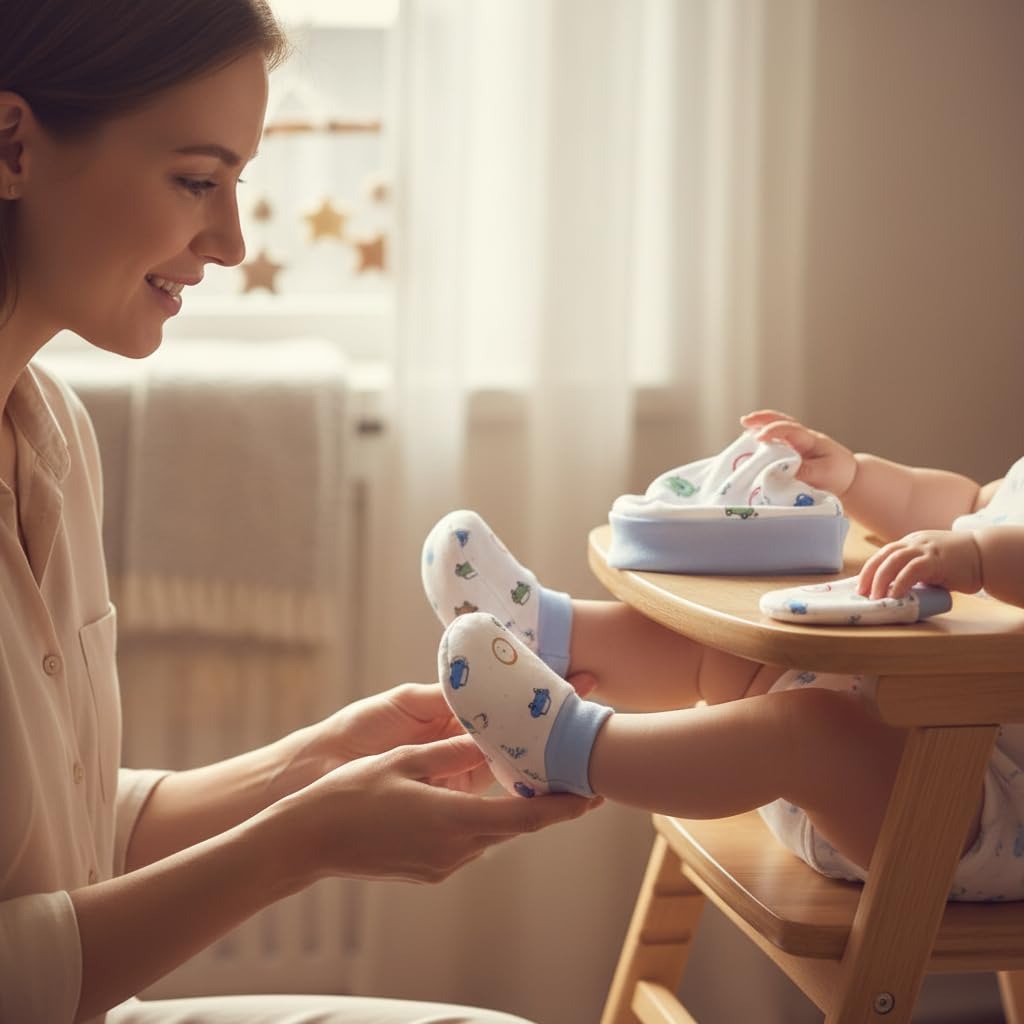 VParents Baby Mittens Caps Gloves and Booty Combo Set - (0-3 Months) | Unisex Booty  | Durable Cotton Gift Set | Multicoloured Hand Gloves and Socks | -Assorted Deisgn -Winter Clothing (Blue)