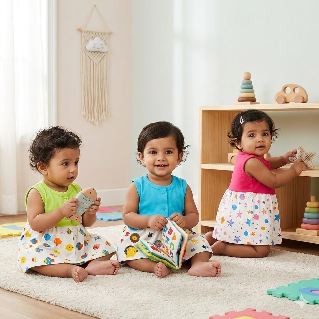 VParents Cotton Knee-Length Sleeveless Girls Frock 18- 24 Months pack of 3