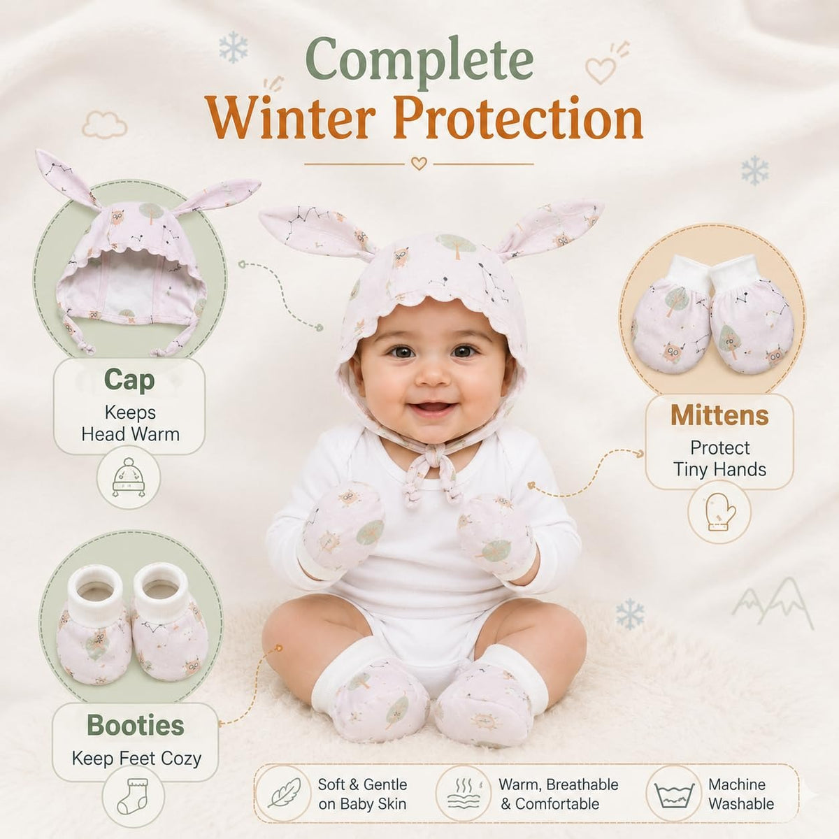 VParents Muslin Baby Mittens Caps Gloves and Booty Combo Set - (set of 2 0-6 Months) | Unisex Booty Set | Durable Cotton Gift Set | Multicoloured Hand Gloves and Socks | -Assorted Deisgn -Winter Clothing -Multicolour