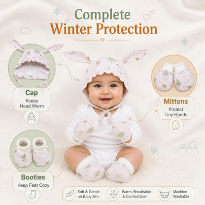 VParents Muslin Baby Mittens Caps Gloves and Booty Combo Set - (set of 2 0-6 Months) | Unisex Booty Set | Durable Cotton Gift Set | Multicoloured Hand Gloves and Socks | -Assorted Deisgn -Winter Clothing -Multicolour