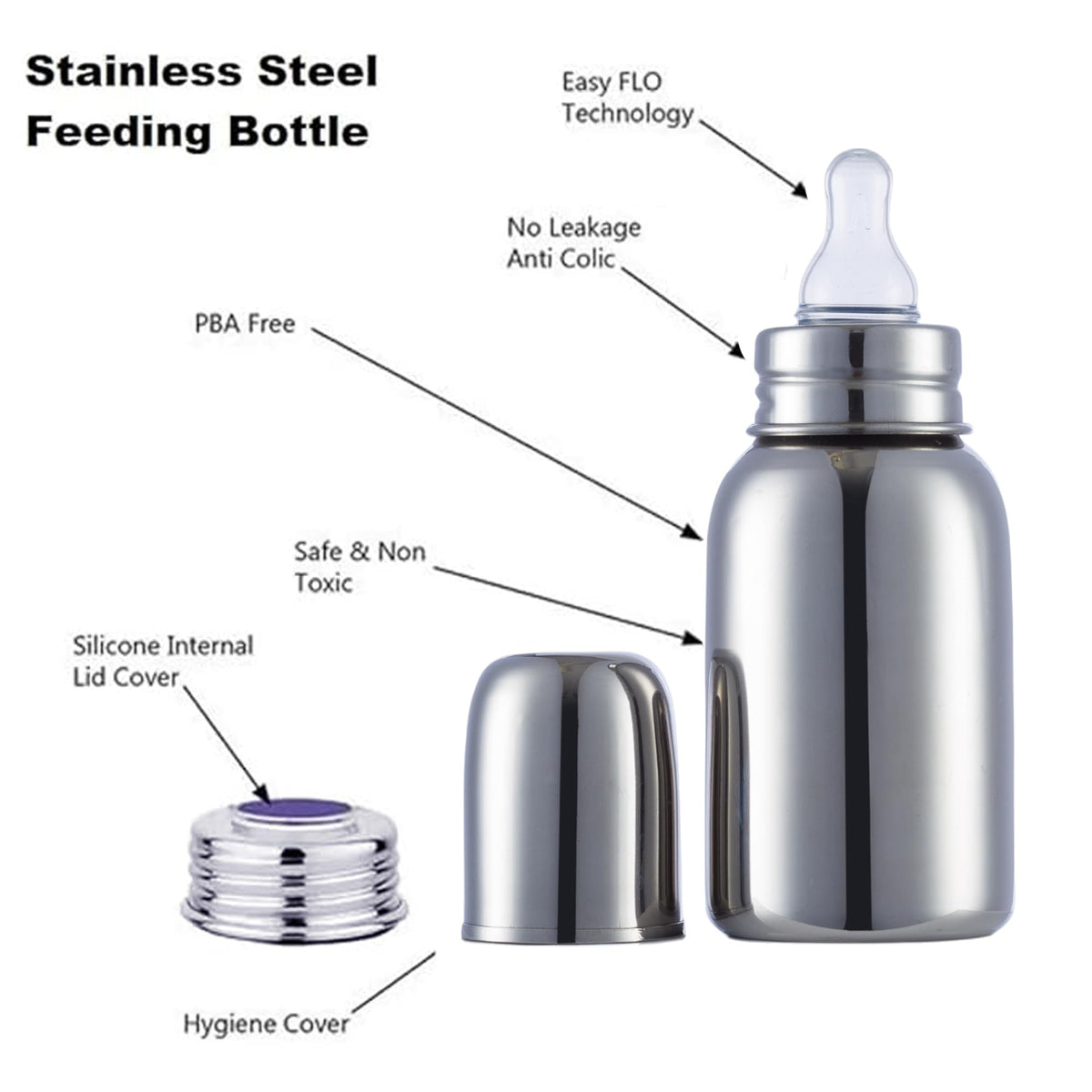 VParents Grade 304 Bullet Stainless Steel Baby Feeding Bottle -250 ml (Pack of 2) (250 ML)