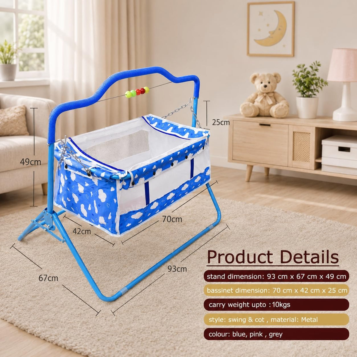 VParents Bunny New Born Baby Crib Bassinet cot Swing Cradle Jhula Palna(blue)