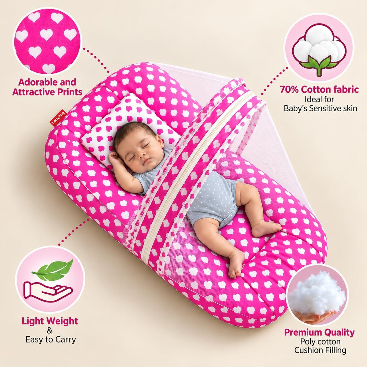 VParents Rosy Baby Feeding Pillow Bedding Set with Mosquito net and Sleeping Bag Combo