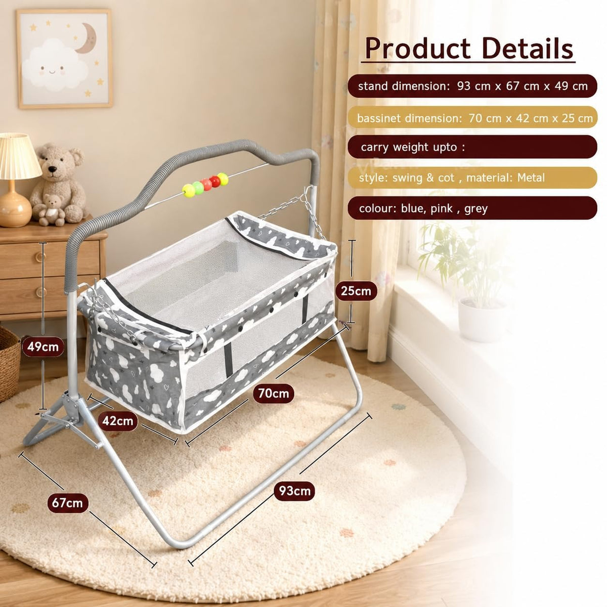 VParents Bunny New Born Baby Crib Bassinet cot Swing Cradle Jhula Palna(Grey)