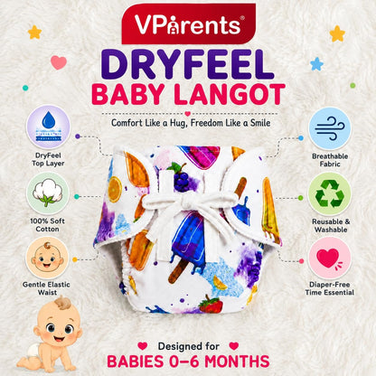 VParents DryFeel Baby Langot 6 -12 months l Cotton Modern Baby Nappy l Mess-free Langot with soft Elastics l DryFeel Top Layer l Diaper-free Time Essential(Pack os 2) - Zigzag and icecream