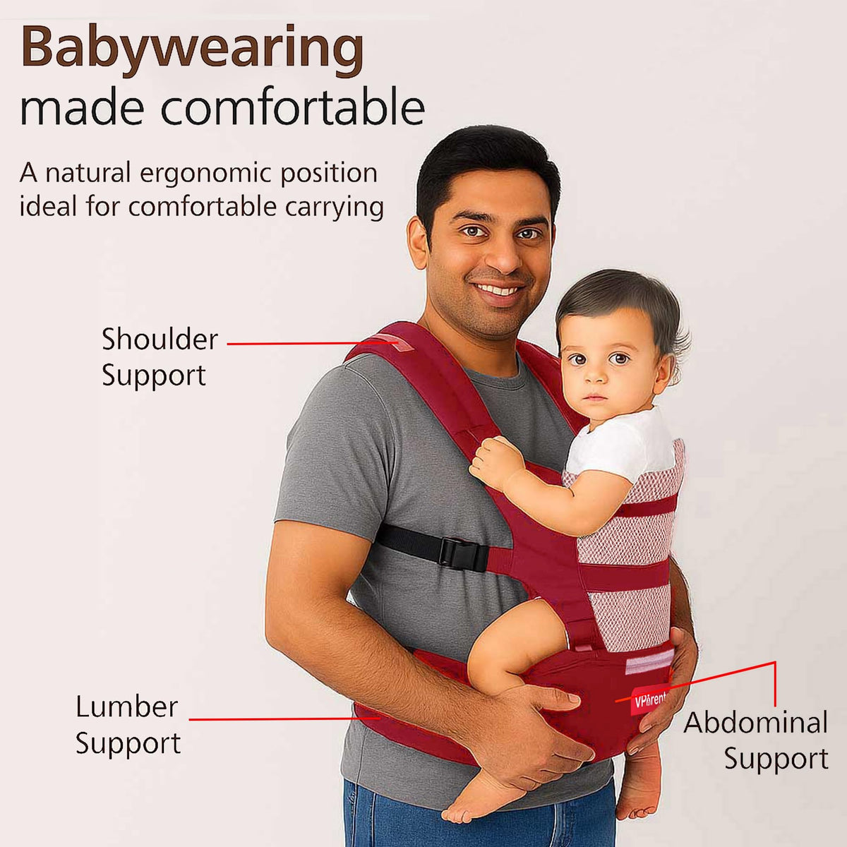 VParents Hip Seat Baby Carrier with 4 Carry Positions, Baby Carrier with Hip seat for 3 to 36 Months Baby, Adjustable New-Born to Toddler Carrier, Max Weight Up to 15 Kgs  Royal(Red)
