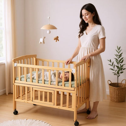 VParents wooden Multi usage Baby Crib Cot Cradle Bed with Mattress and Mosquito Net with storage space