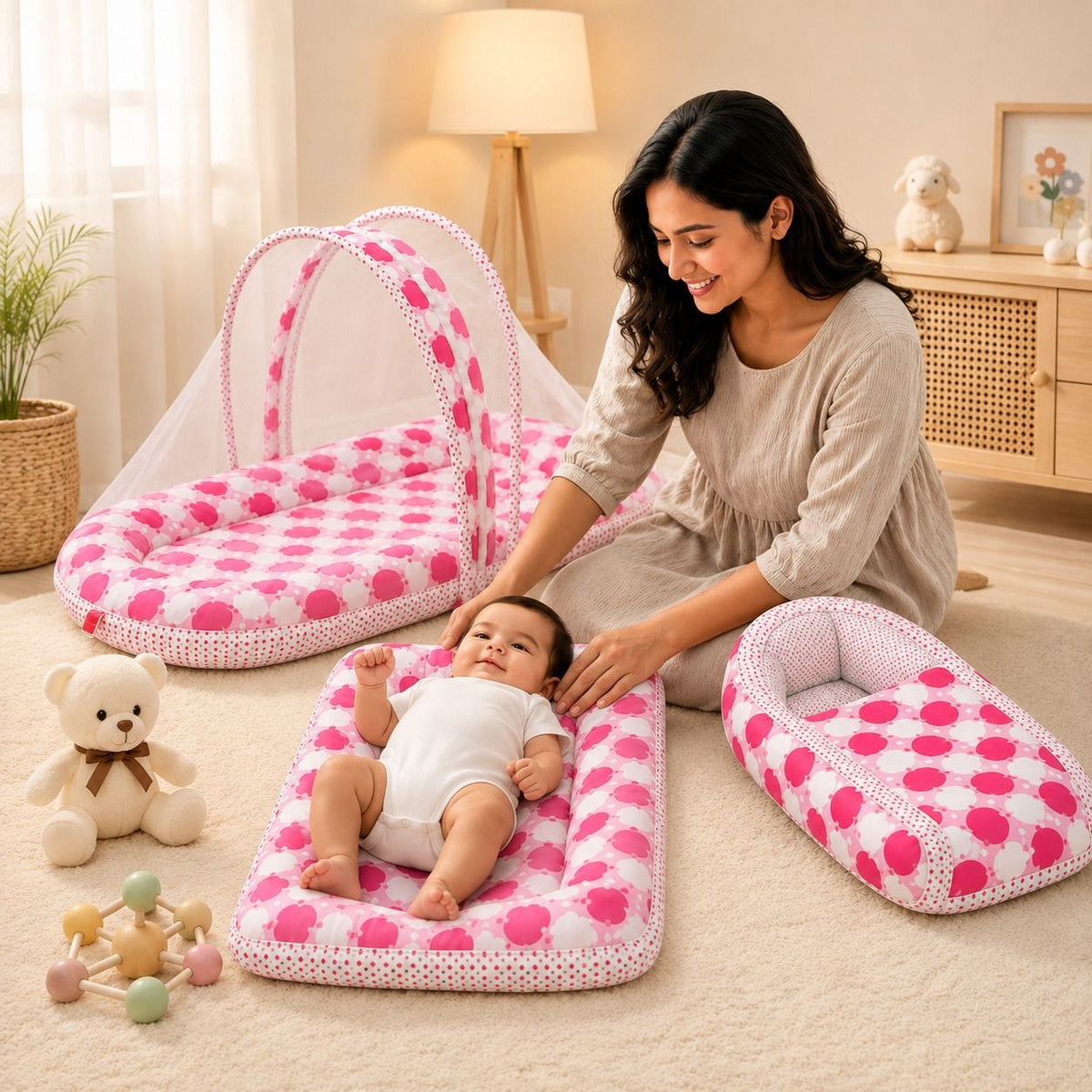 VParents Cheeky Cheeky Baby 4 Piece Bedding Set with Pillow and Bolsters Sleeping Bag and Bedding Set Combo
