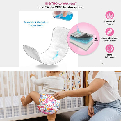 VParents  Reusable and Adjustable Cloth Diapers With ulta absorbent Insert with 5 layers- washable (Multi Colour)