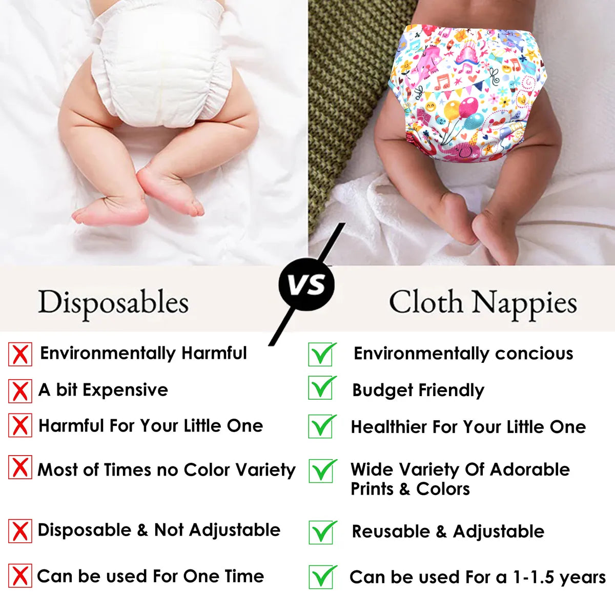 VParents  Reusable and Adjustable Cloth Diapers With ulta absorbent Insert with 5 layers- washable (Multi Colour)