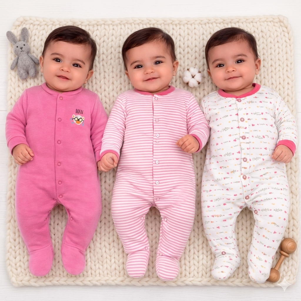 VParents Aqua  Full Length Printed Baby Footies Sleepsuit Romper Pack of 3