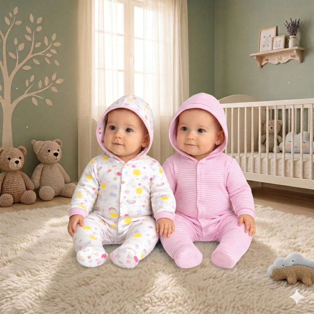VParents Zoey Hooded Full Sleeve Cotton Baby Footies Sleepsuit Rompers for Baby Boys and Baby Girls Pack of 2
