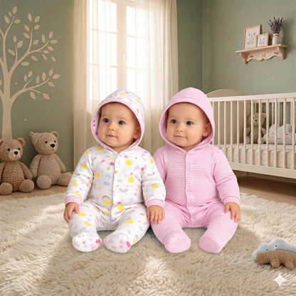 VParents Zoey Hooded Full Sleeve Cotton Baby Footies Sleepsuit Rompers for Baby Boys and Baby Girls Pack of 2