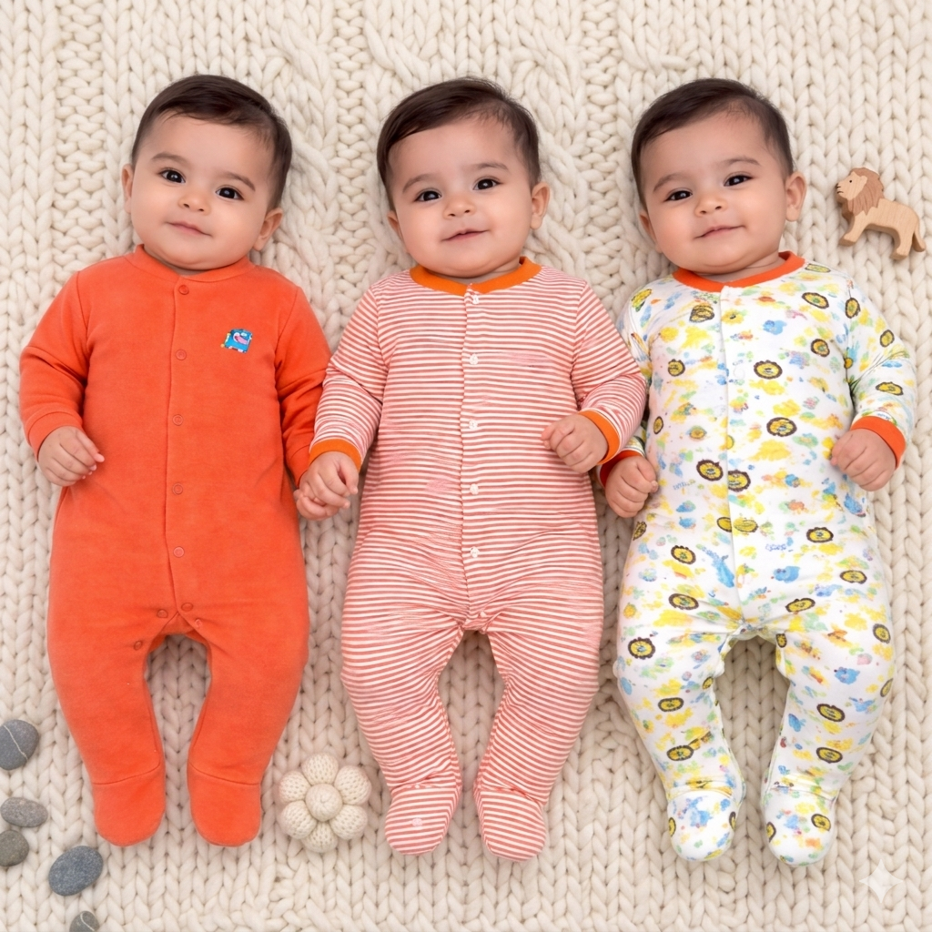 VParents Aqua  Full Length Printed Baby Footies Sleepsuit Romper Pack of 3