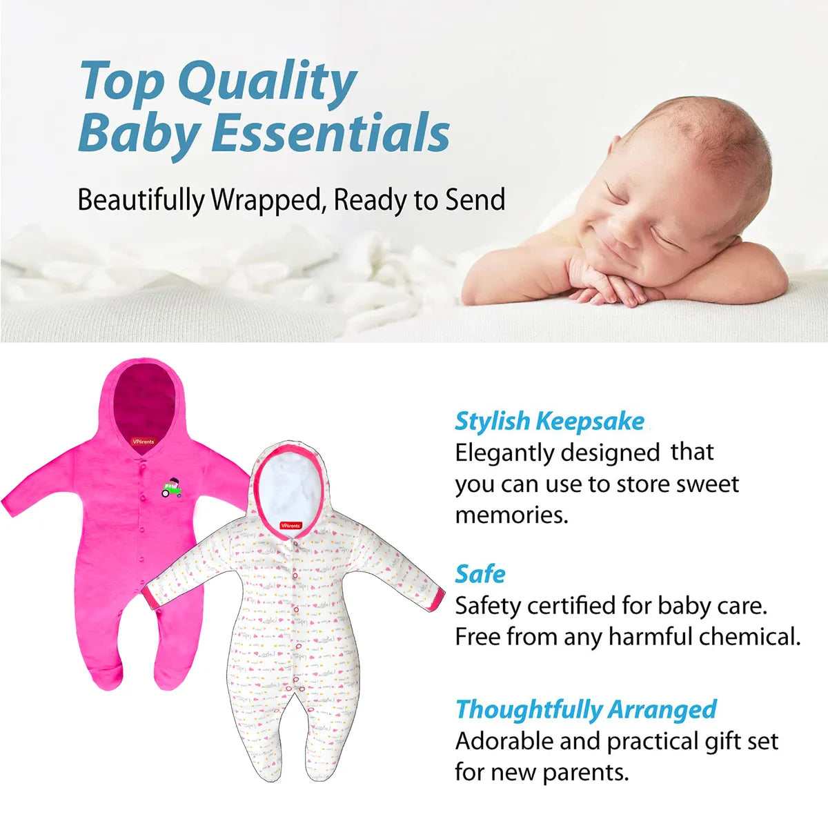 VParents Zoey Hooded Full Sleeve Cotton Baby Footies Sleepsuit Rompers for Baby Boys and Baby Girls Pack of 2