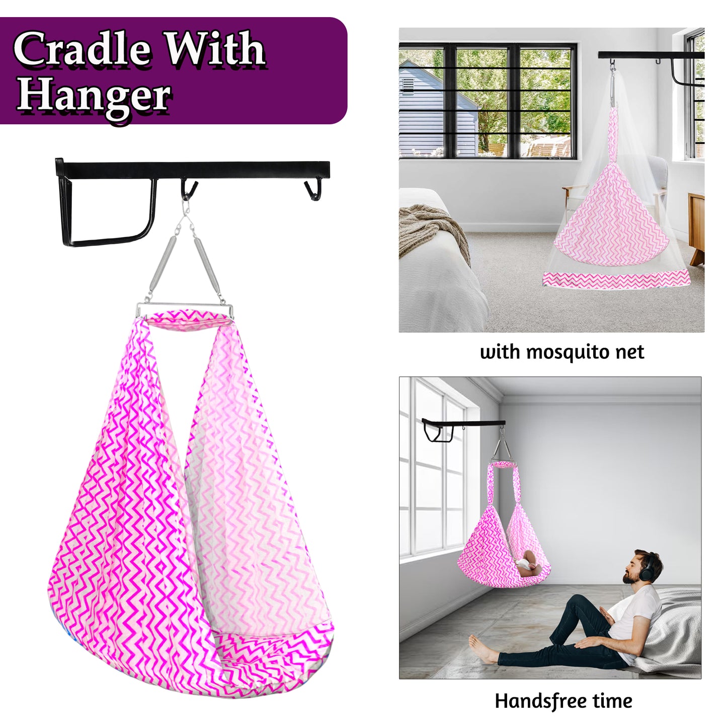 VParents Cherub Baby Swing Cradle with Mosquito Net Spring and Metal Window Cradle Hanger